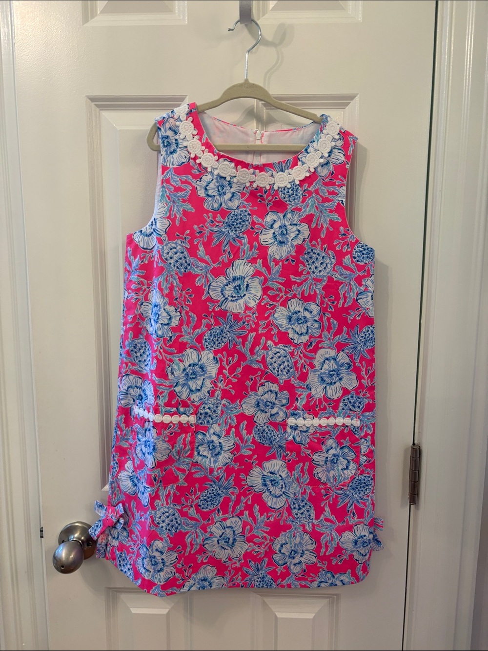 Lilly Pulitzer Pink Dress with Blue Floral Print and Lace Neckline